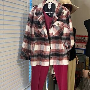 Kensie Checkered Utility Jacket - Red, Black, White